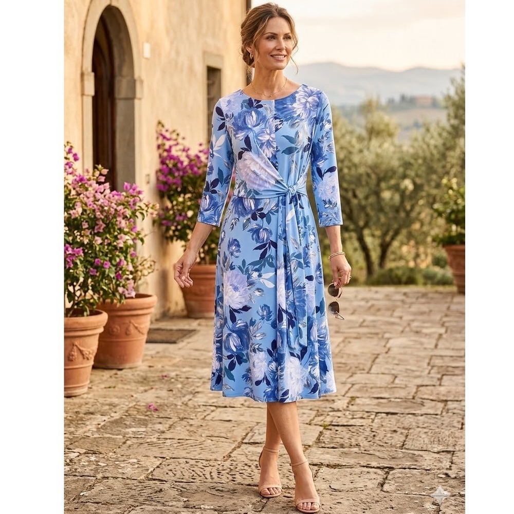 Perceptions New York Blue Floral Faux Wrap Midi Dress PM 3/4 Sleeve Preppy
